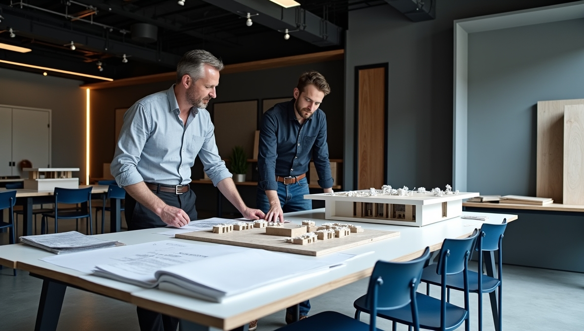 Architectes coordinant un projet autour de maquettes et de plans