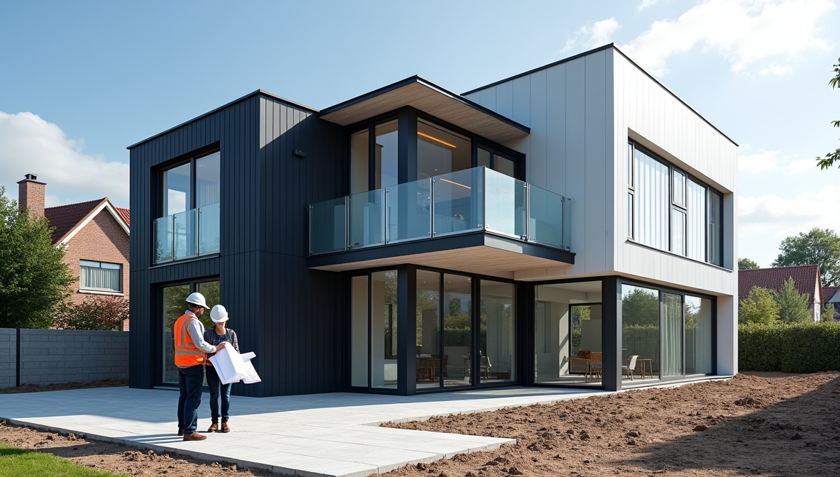Chantier de construction moderne : maison contemporaine et équipe sur site